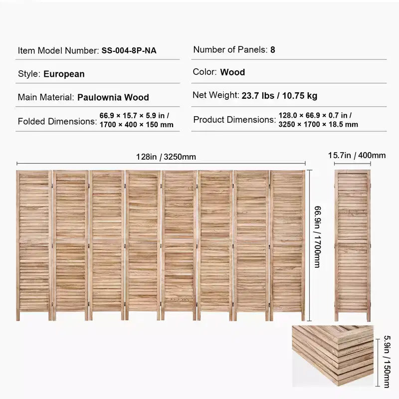 Divisorio per Ambienti in Legno, Schermo Pieghevole per la Privacy a 8 Pannelli, Divisorio Interno a Persiana Alto 170 cm, Schermo Decorativo Portatile