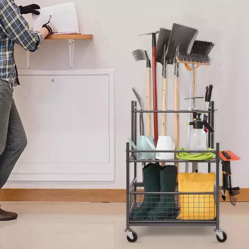 Organizzatore per attrezzi da giardino, 16 scomparti con ganci, torre porta attrezzi da esterno con ruote per organizzazione e stoccaggio in garage, per attrezzi a manico lungo/rastrelli