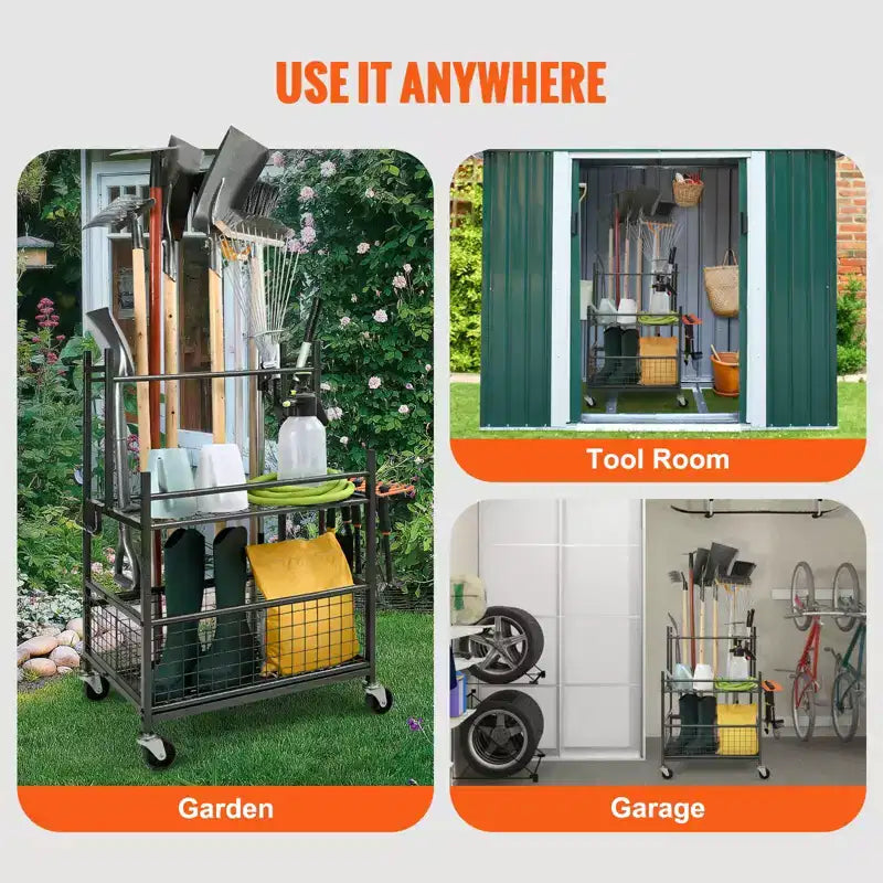Organizzatore per attrezzi da giardino, 16 scomparti con ganci, torre porta attrezzi da esterno con ruote per organizzazione e stoccaggio in garage, per attrezzi a manico lungo/rastrelli