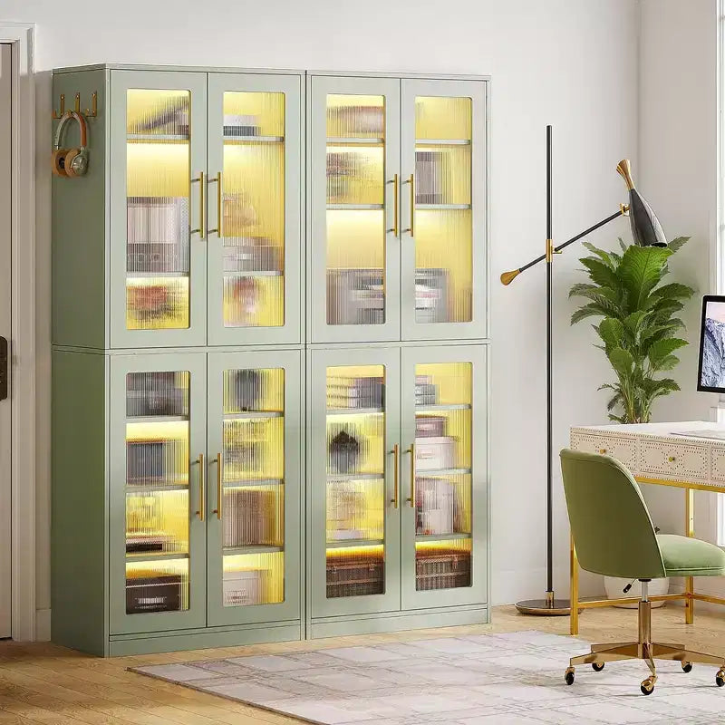 Libreria bianca illuminata a LED, vetrinetta con anta in acrilico e luce RGB telecomandata