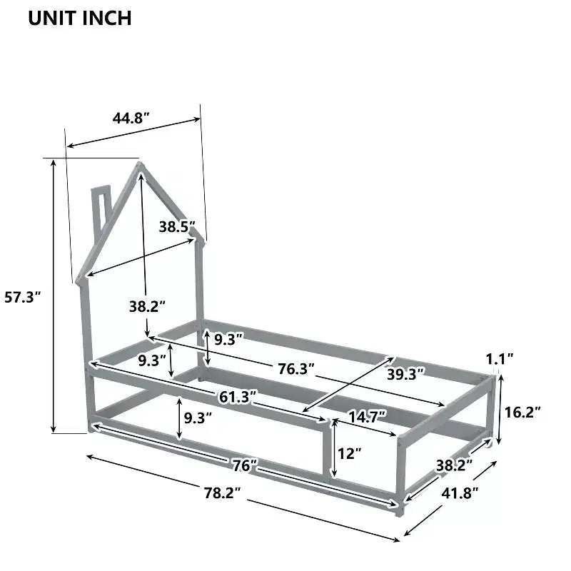 Letto da terra con testiera a forma di casetta, dimensione piazza singola, con recinzioni di sicurezza, moderno giroletto basso in legno per uso domestico