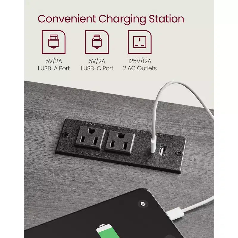 Comodino da Fattoria a 2 Pezzi con Stazione di Ricarica USB, Cassetto e Ripiano Aperto, Tavolino da Notte per Decorazione Domestica, Grigio Nebbioso