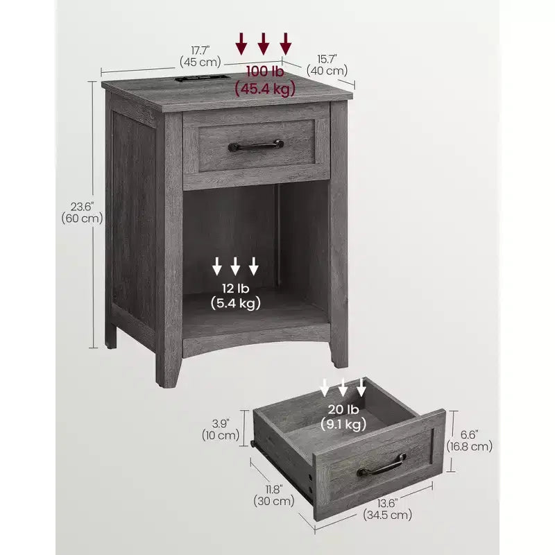 Comodino da Fattoria a 2 Pezzi con Stazione di Ricarica USB, Cassetto e Ripiano Aperto, Tavolino da Notte per Decorazione Domestica, Grigio Nebbioso