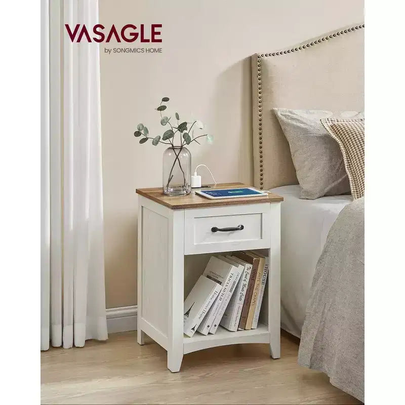 Comodino da Fattoria a 2 Pezzi con Stazione di Ricarica USB, Cassetto e Ripiano Aperto, Tavolino da Notte per Decorazione Domestica, Grigio Nebbioso