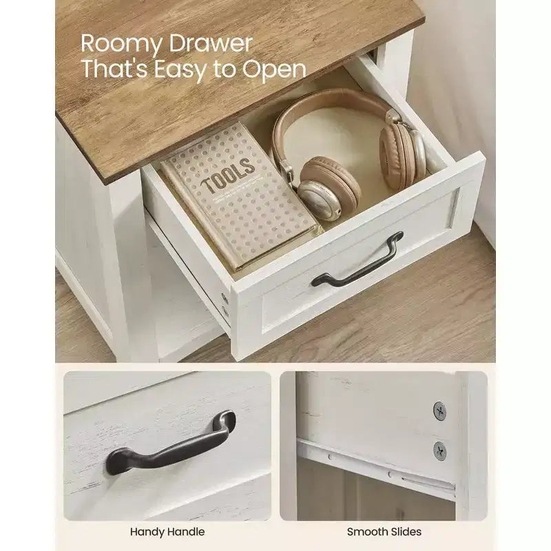 Comodino da Fattoria a 2 Pezzi con Stazione di Ricarica USB, Cassetto e Ripiano Aperto, Tavolino da Notte per Decorazione Domestica, Grigio Nebbioso