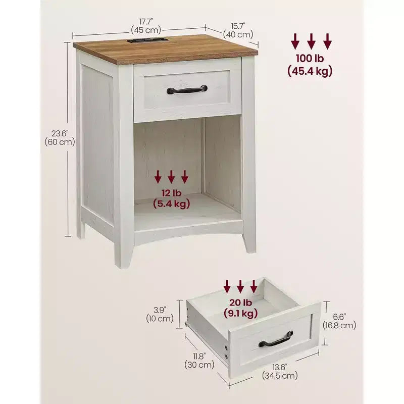 Comodino da Fattoria a 2 Pezzi con Stazione di Ricarica USB, Cassetto e Ripiano Aperto, Tavolino da Notte per Decorazione Domestica, Grigio Nebbioso