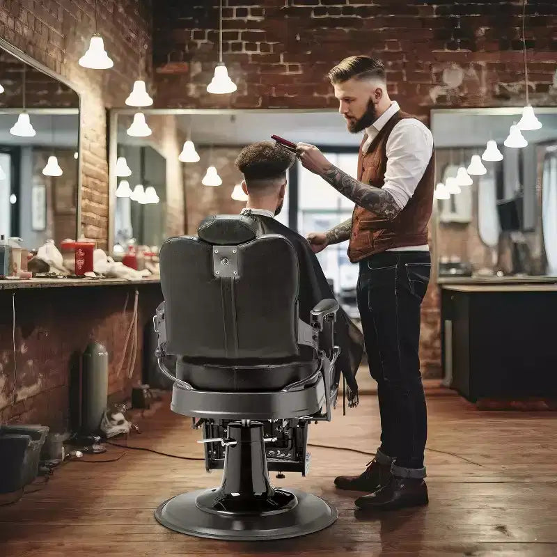 Poltrona da barbiere idraulica ergonomica reclinabile, attrezzatura da styling per centri estetici e spa, nera con braccioli