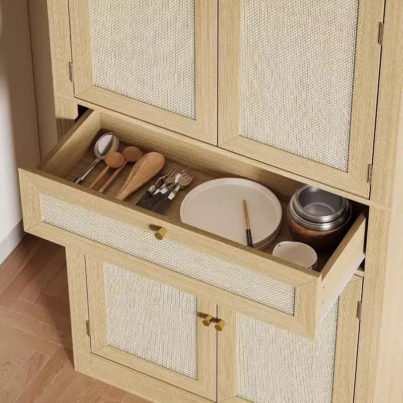 Dispensa da Cucina in Rattan Alta 183 cm con Cassetto, Ripiani Regolabili, Mobile Stile Rustico, Per Cucina, Sala da Pranzo, Bagno