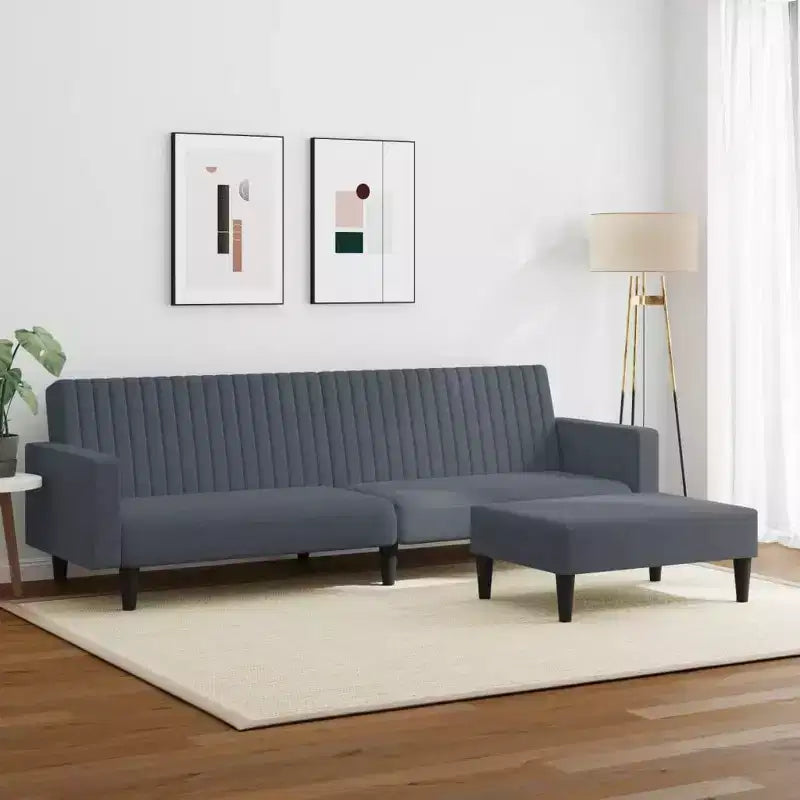 Divano letto convertibile a 2 posti con poggiapiedi in lussuoso velluto grigio scuro, mobile versatile per soggiorno o studio