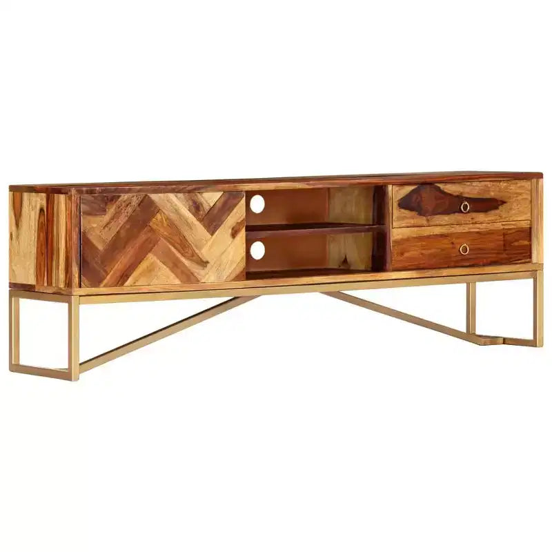Mobile TV marrone in legno massello di sheesham, ferro verniciato a polvere color ottone