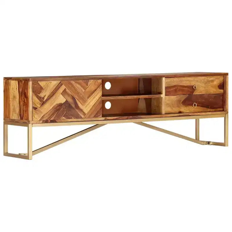 Mobile TV marrone in legno massello di sheesham, ferro verniciato a polvere color ottone