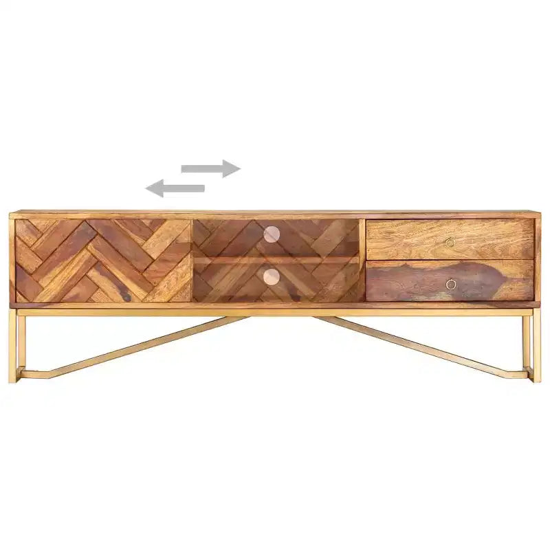 Mobile TV marrone in legno massello di sheesham, ferro verniciato a polvere color ottone