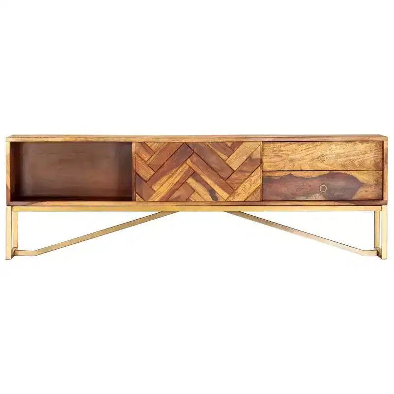 Mobile TV marrone in legno massello di sheesham, ferro verniciato a polvere color ottone