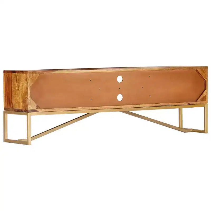 Mobile TV marrone in legno massello di sheesham, ferro verniciato a polvere color ottone