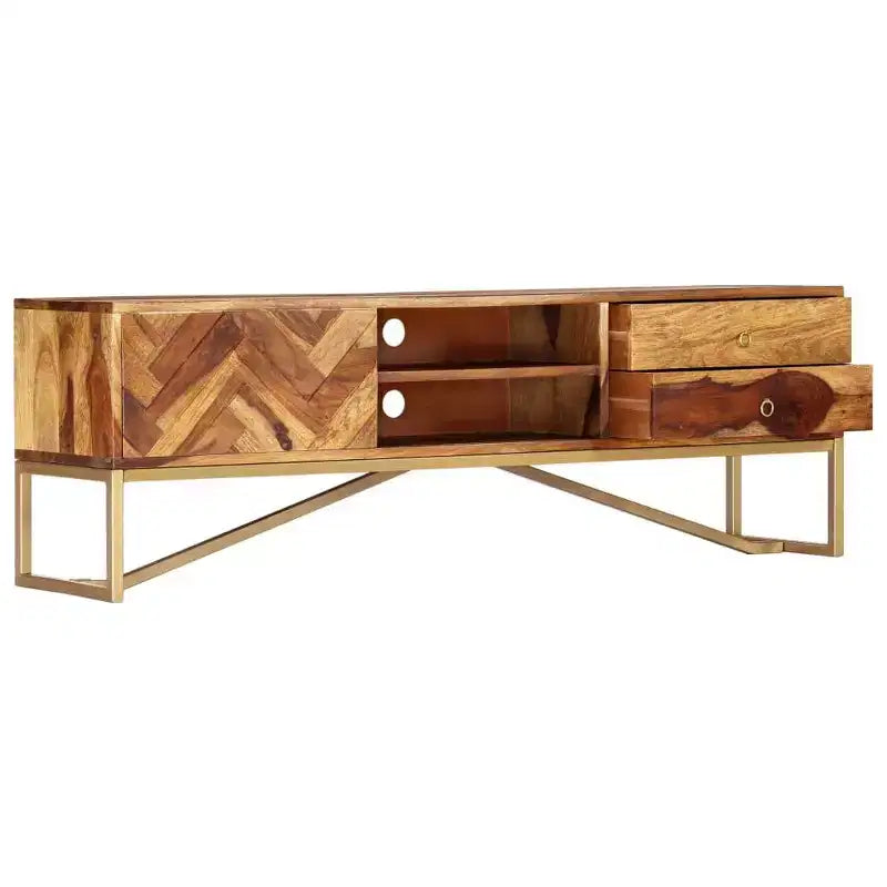 Mobile TV marrone in legno massello di sheesham, ferro verniciato a polvere color ottone