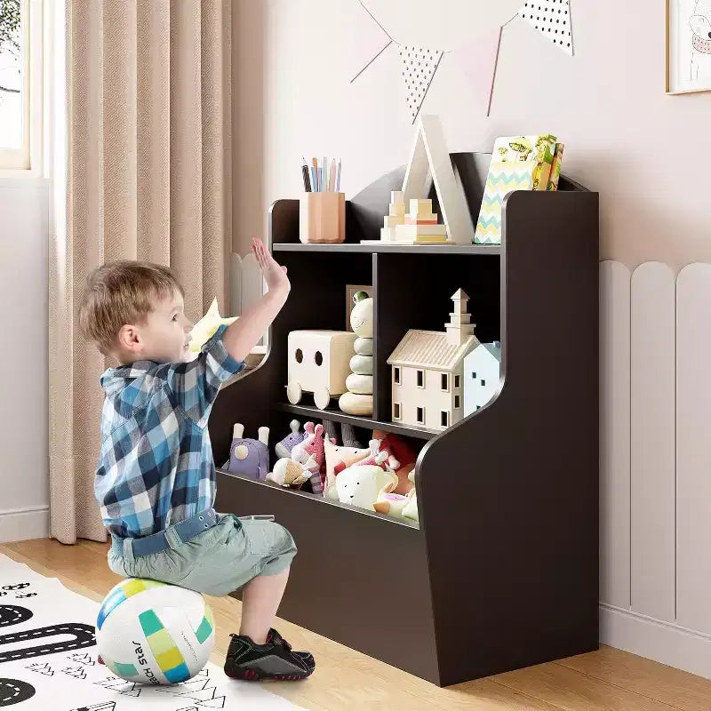 Organizzatore portagiochi per bambini a 3 livelli, libreria con 5 scomparti, scaffale per giocattoli e libri per camera da letto, sala giochi o aula, marrone