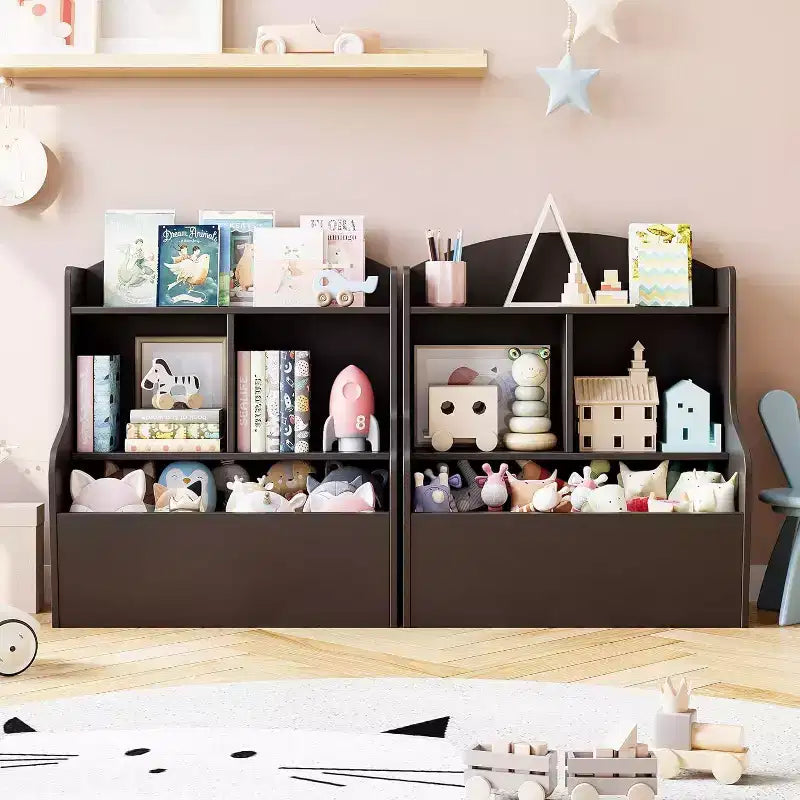 Organizzatore portagiochi per bambini a 3 livelli, libreria con 5 scomparti, scaffale per giocattoli e libri per camera da letto, sala giochi o aula, marrone