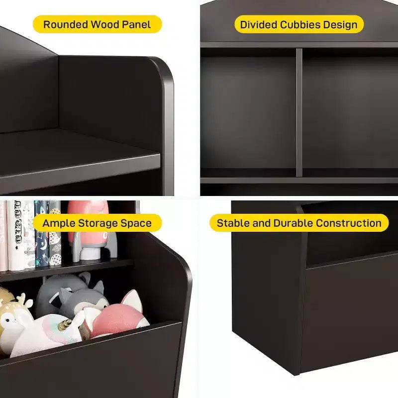 Organizzatore portagiochi per bambini a 3 livelli, libreria con 5 scomparti, scaffale per giocattoli e libri per camera da letto, sala giochi o aula, marrone
