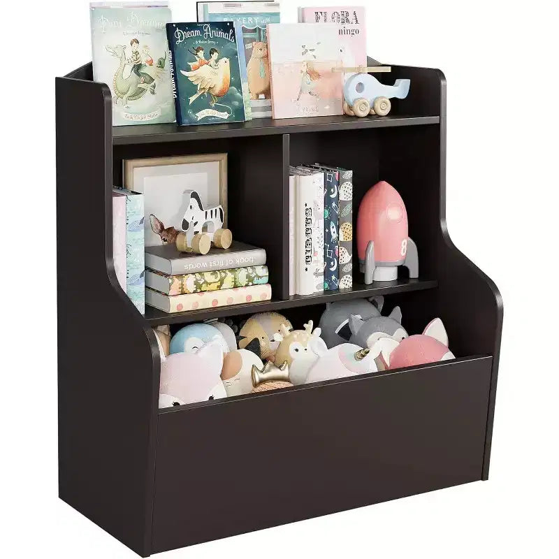 Organizzatore portagiochi per bambini a 3 livelli, libreria con 5 scomparti, scaffale per giocattoli e libri per camera da letto, sala giochi o aula, marrone