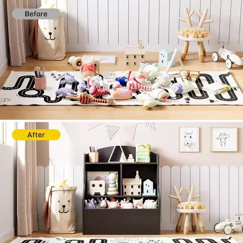 Organizzatore portagiochi per bambini a 3 livelli, libreria con 5 scomparti, scaffale per giocattoli e libri per camera da letto, sala giochi o aula, marrone