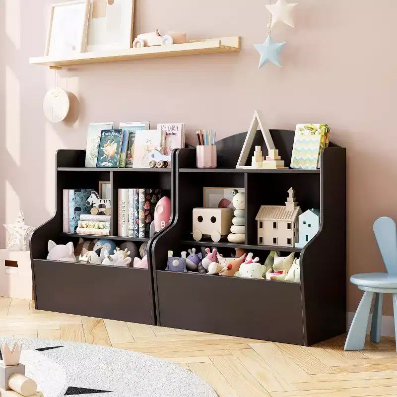 Organizzatore portagiochi per bambini a 3 livelli, libreria con 5 scomparti, scaffale per giocattoli e libri per camera da letto, sala giochi o aula, marrone