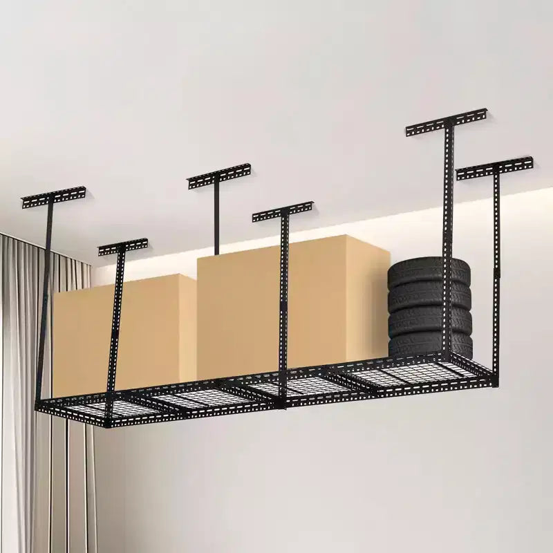 Scaffale da garage a soffitto, ripiani in acciaio con capacità, altezza regolabile 22-40 pollici, salvaspazio per soffitta cantina capannone (4/6 montanti)