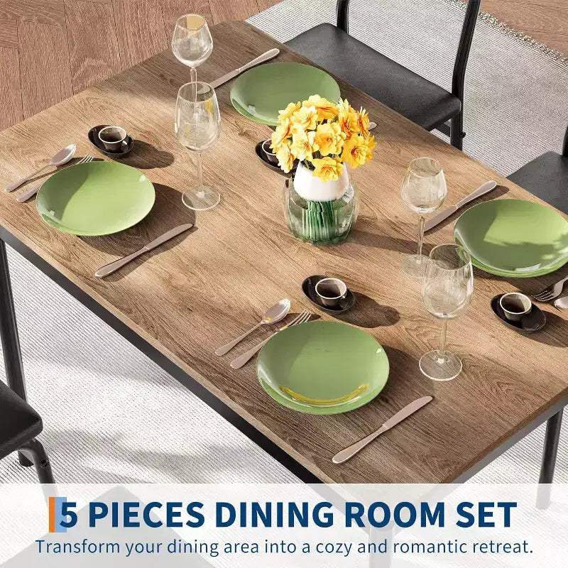 Tavolo da pranzo 5 pezzi, tavolo da cucina in legno marrone con 4 sedie imbottite in PU, dinette salvaspazio con struttura in metallo, per sala da pranzo