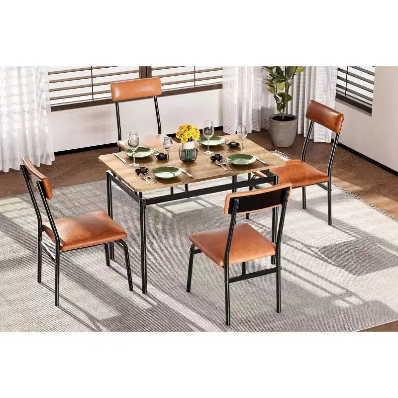 Tavolo da pranzo 5 pezzi, tavolo da cucina in legno marrone con 4 sedie imbottite in PU, dinette salvaspazio con struttura in metallo, per sala da pranzo