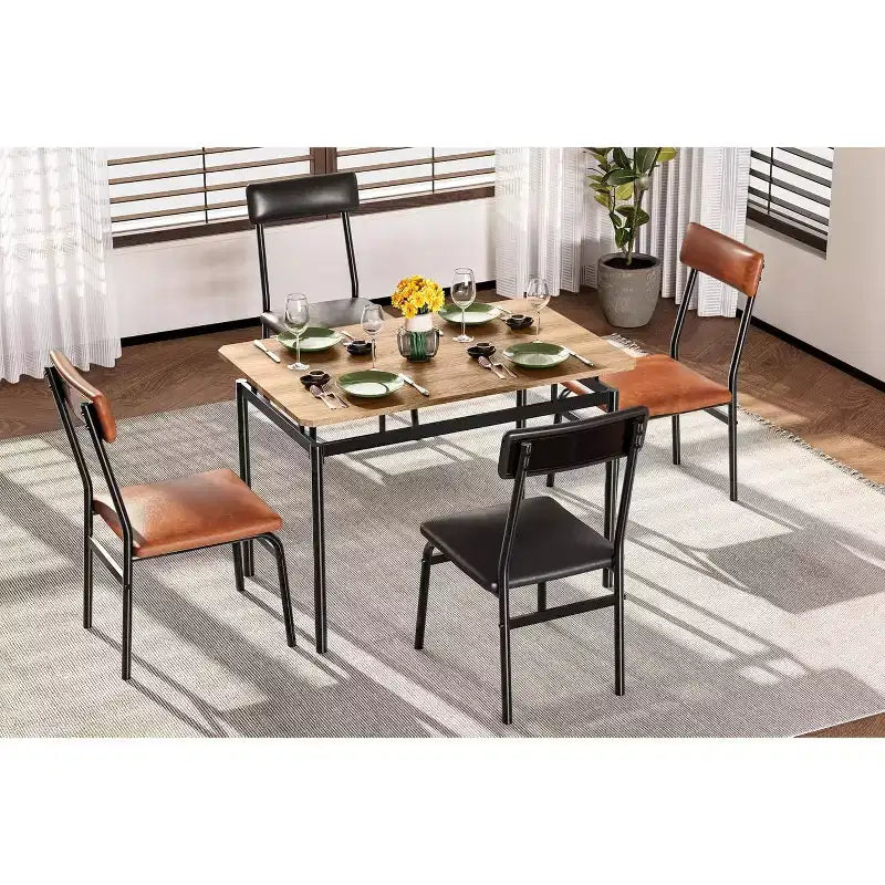 Tavolo da pranzo 5 pezzi, tavolo da cucina in legno marrone con 4 sedie imbottite in PU, dinette salvaspazio con struttura in metallo, per sala da pranzo