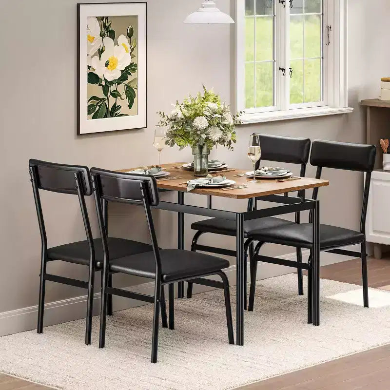 Tavolo da pranzo 5 pezzi, tavolo da cucina in legno marrone con 4 sedie imbottite in PU, dinette salvaspazio con struttura in metallo, per sala da pranzo