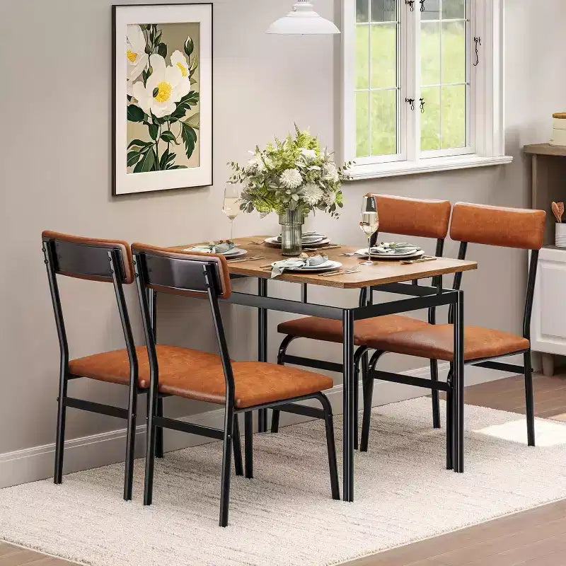 Tavolo da pranzo 5 pezzi, tavolo da cucina in legno marrone con 4 sedie imbottite in PU, dinette salvaspazio con struttura in metallo, per sala da pranzo