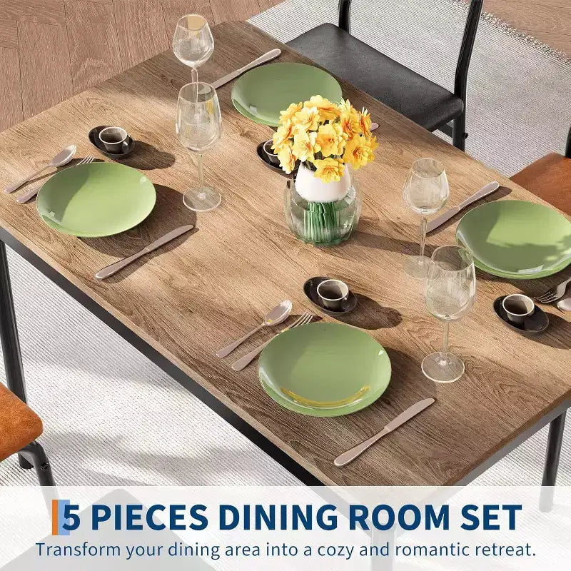 Tavolo da pranzo 5 pezzi, tavolo da cucina in legno marrone con 4 sedie imbottite in PU, dinette salvaspazio con struttura in metallo, per sala da pranzo