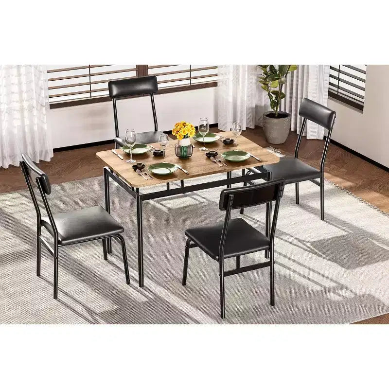 Tavolo da pranzo 5 pezzi, tavolo da cucina in legno marrone con 4 sedie imbottite in PU, dinette salvaspazio con struttura in metallo, per sala da pranzo