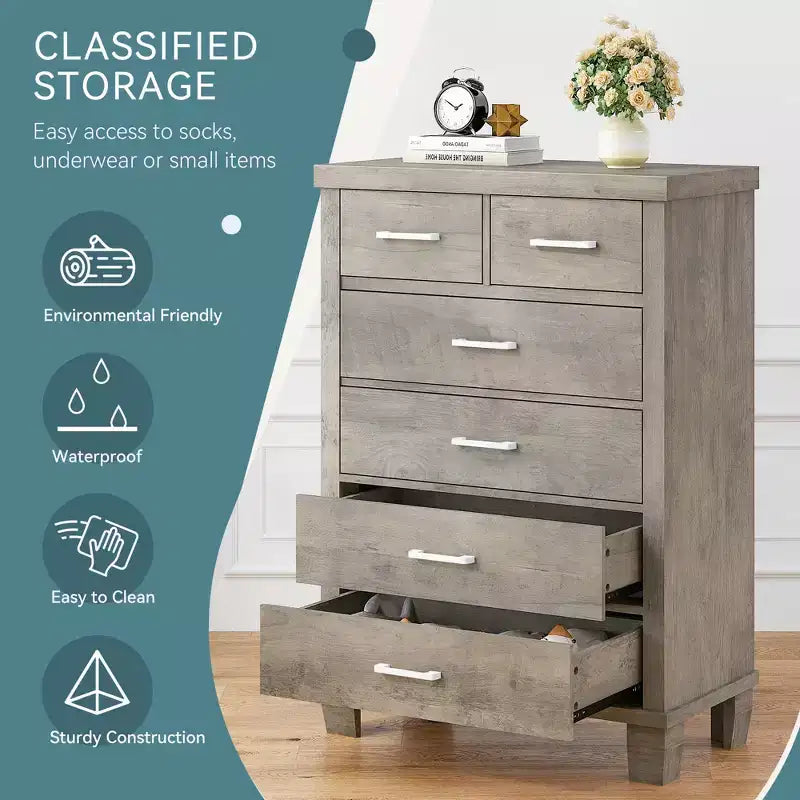 Comò per camera da letto con 6 cassetti, cassettiera alta grigia da 45 con spazio contenitivo, cassettiera grande per armadio, mobiletto contenitore in legno per ingresso