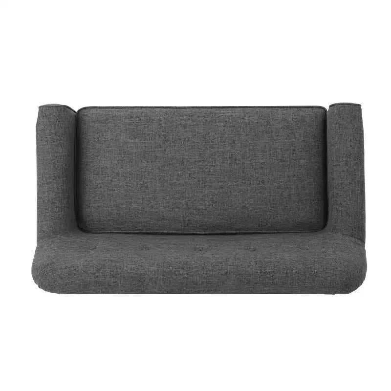 Divanetto Halima in stile moderno di metà secolo con rivestimento capitonné, braccioli arrotolati e gambe oblique in legno di caucciù