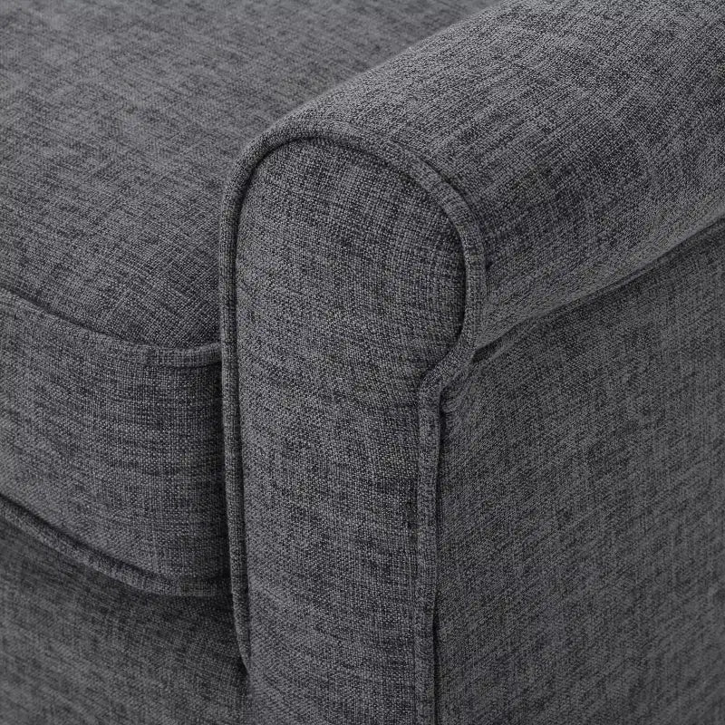 Divanetto Halima in stile moderno di metà secolo con rivestimento capitonné, braccioli arrotolati e gambe oblique in legno di caucciù