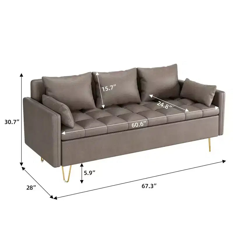 Divano a 3 posti da 67''W con contenitore sotto i cuscini, divano moderno di metà secolo con comodi braccioli e 5 cuscini