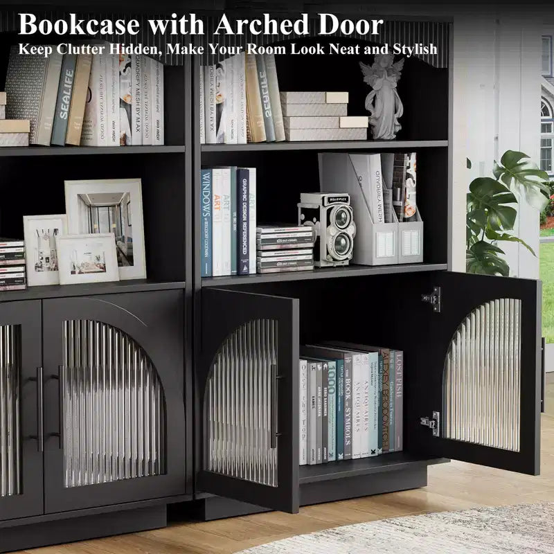 Libreria con ante da 46", Libreria nera con anta in vetro, Piccola libreria a 3 ripiani