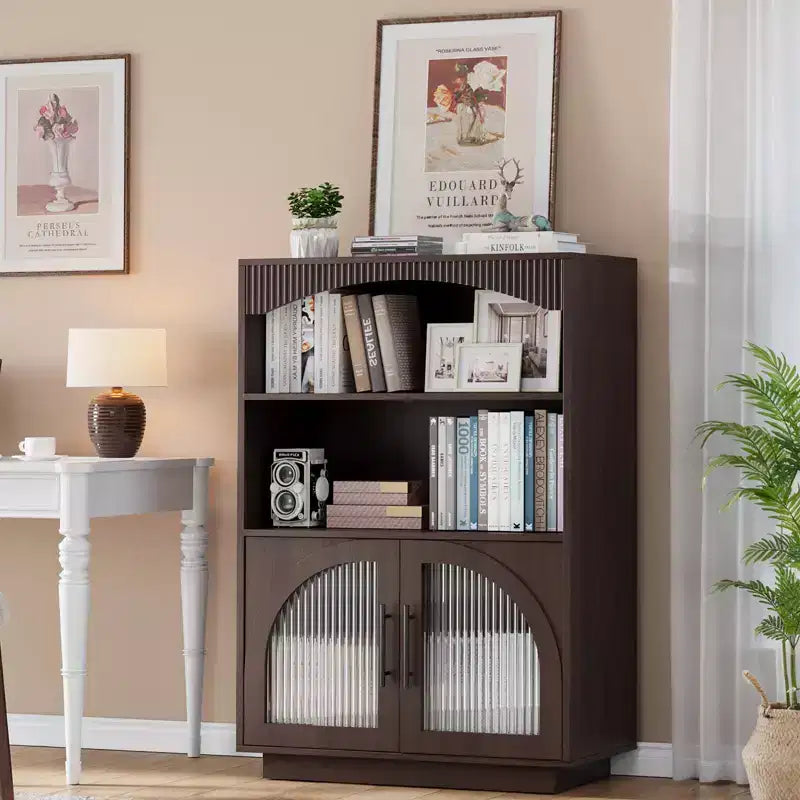 Libreria con ante da 46", Libreria nera con anta in vetro, Piccola libreria a 3 ripiani
