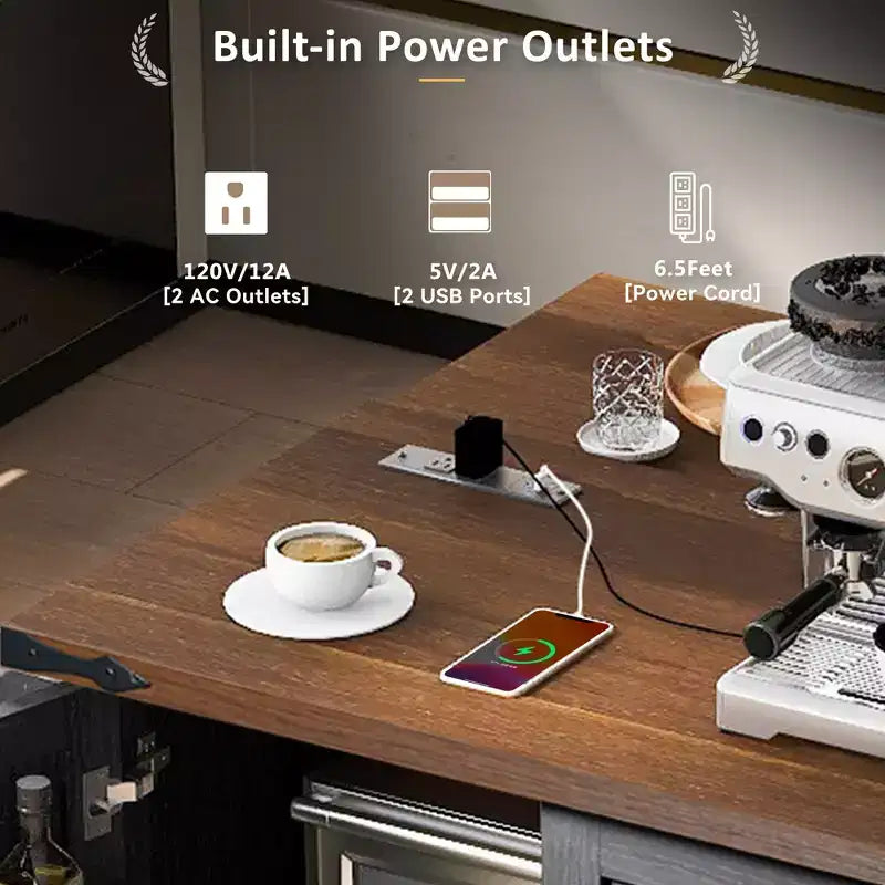 Isola da cucina mobile Rustico 54,5" con presa di corrente, carrello da cucina con ripiano interno, anta a ribalta, portaspezie