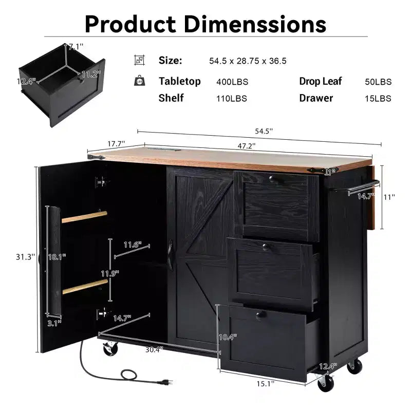 Isola da cucina mobile Rustico 54,5" con presa di corrente, carrello da cucina con ripiano interno, anta a ribalta, portaspezie