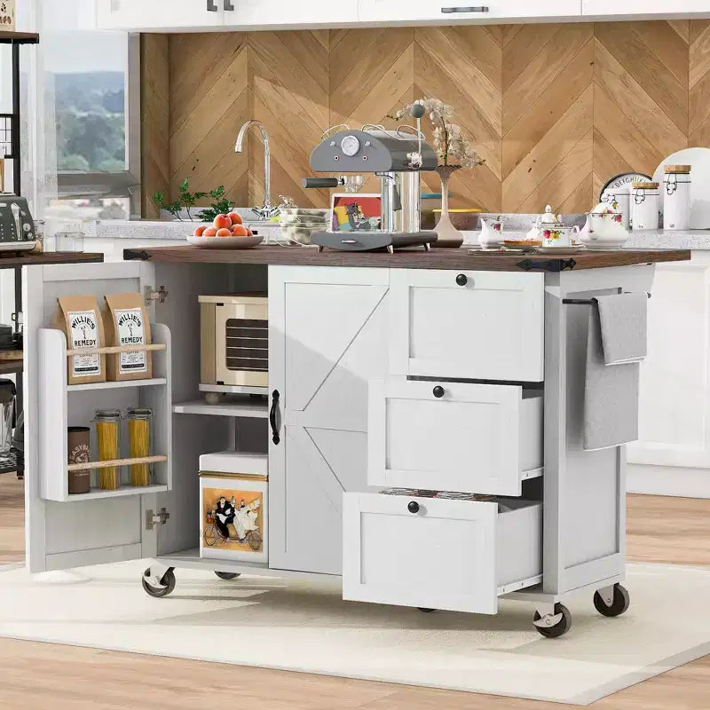Isola da cucina mobile Rustico 54,5" con presa di corrente, carrello da cucina con ripiano interno, anta a ribalta, portaspezie