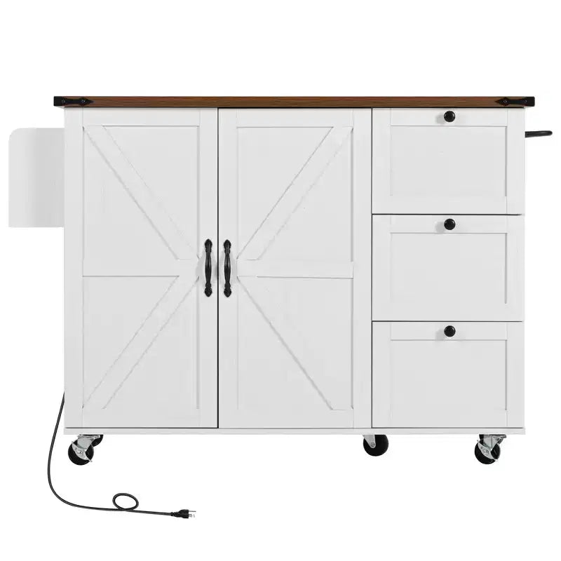 Isola da cucina mobile Rustico 54,5" con presa di corrente, carrello da cucina con ripiano interno, anta a ribalta, portaspezie