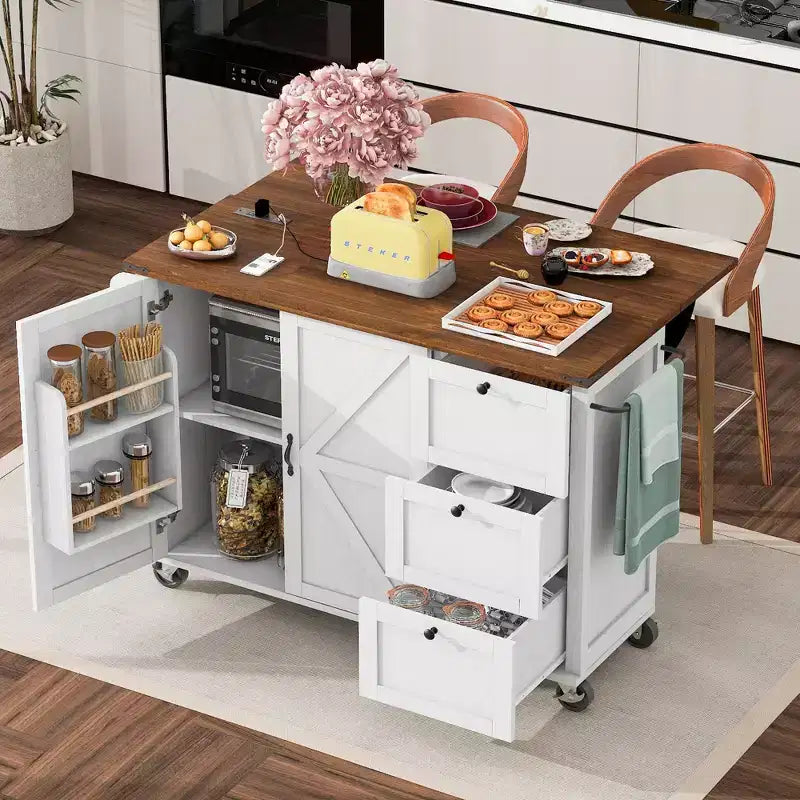 Isola da cucina mobile Rustico 54,5" con presa di corrente, carrello da cucina con ripiano interno, anta a ribalta, portaspezie