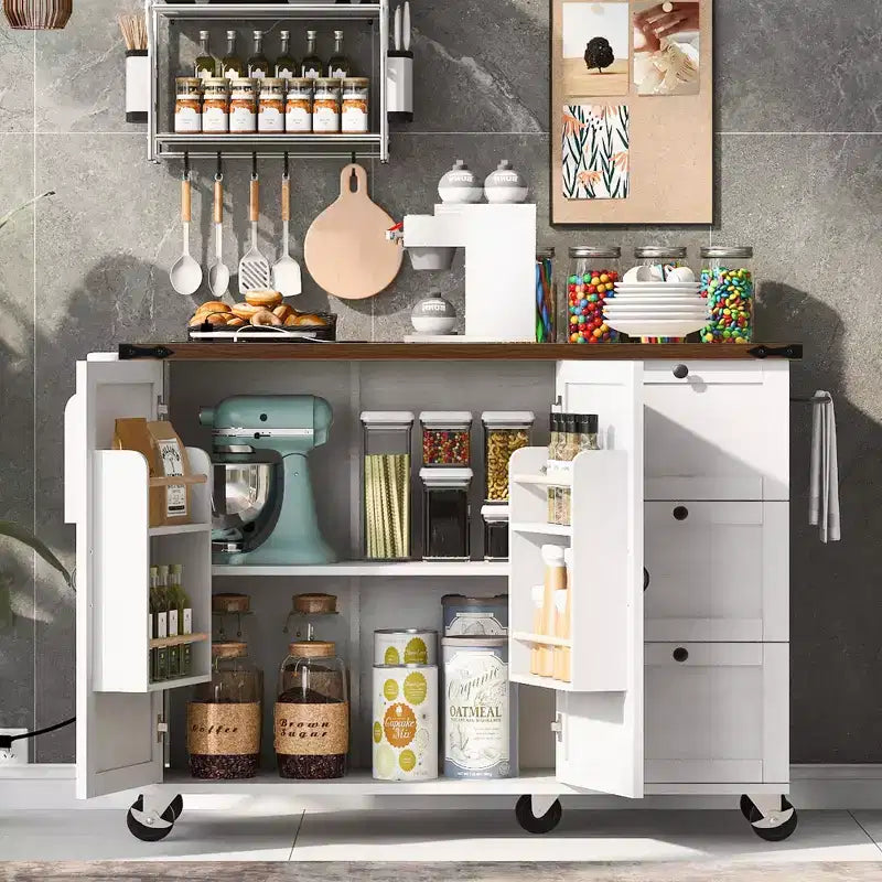 Isola da cucina mobile Rustico 54,5" con presa di corrente, carrello da cucina con ripiano interno, anta a ribalta, portaspezie