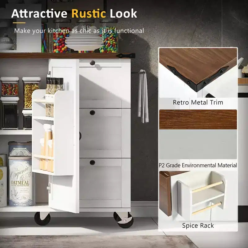 Isola da cucina mobile Rustico 54,5" con presa di corrente, carrello da cucina con ripiano interno, anta a ribalta, portaspezie