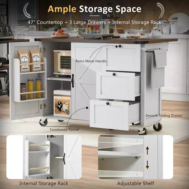 Isola da cucina mobile Rustico 54,5" con presa di corrente, carrello da cucina con ripiano interno, anta a ribalta, portaspezie