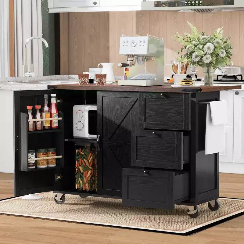 Isola da cucina mobile Rustico 54,5" con presa di corrente, carrello da cucina con ripiano interno, anta a ribalta, portaspezie