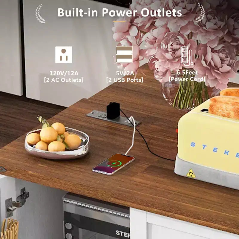 Isola da cucina mobile Rustico 54,5" con presa di corrente, carrello da cucina con ripiano interno, anta a ribalta, portaspezie