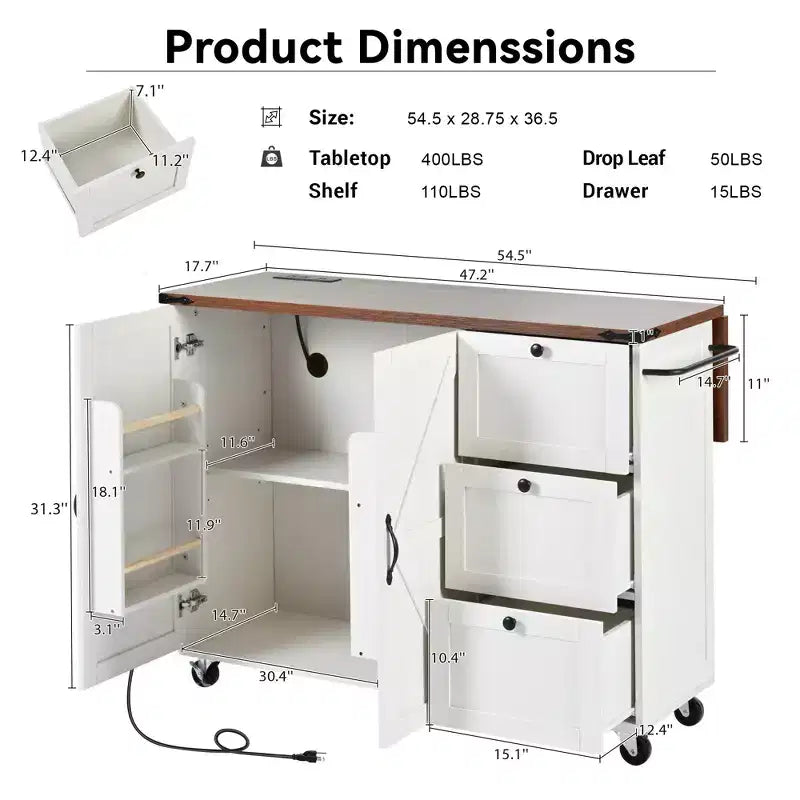 Isola da cucina mobile Rustico 54,5" con presa di corrente, carrello da cucina con ripiano interno, anta a ribalta, portaspezie